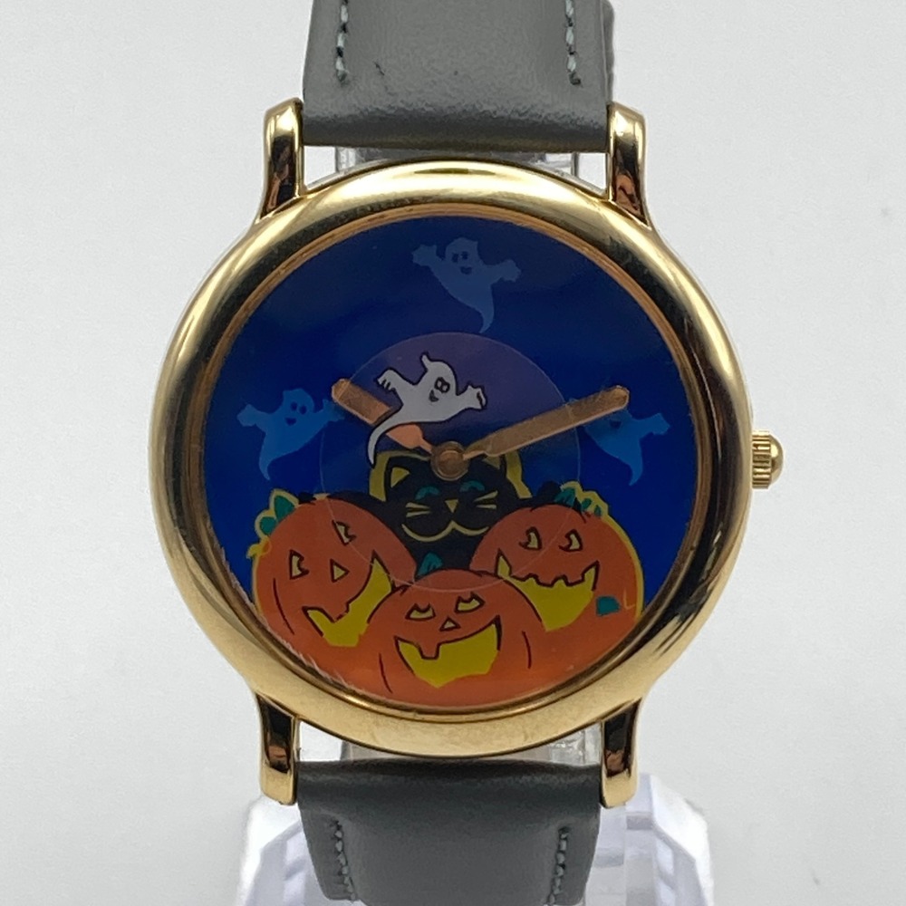 Vtg Halloween Watch Men Women 36mm Gold Tone Rotating Ghost New Battery 8.25"